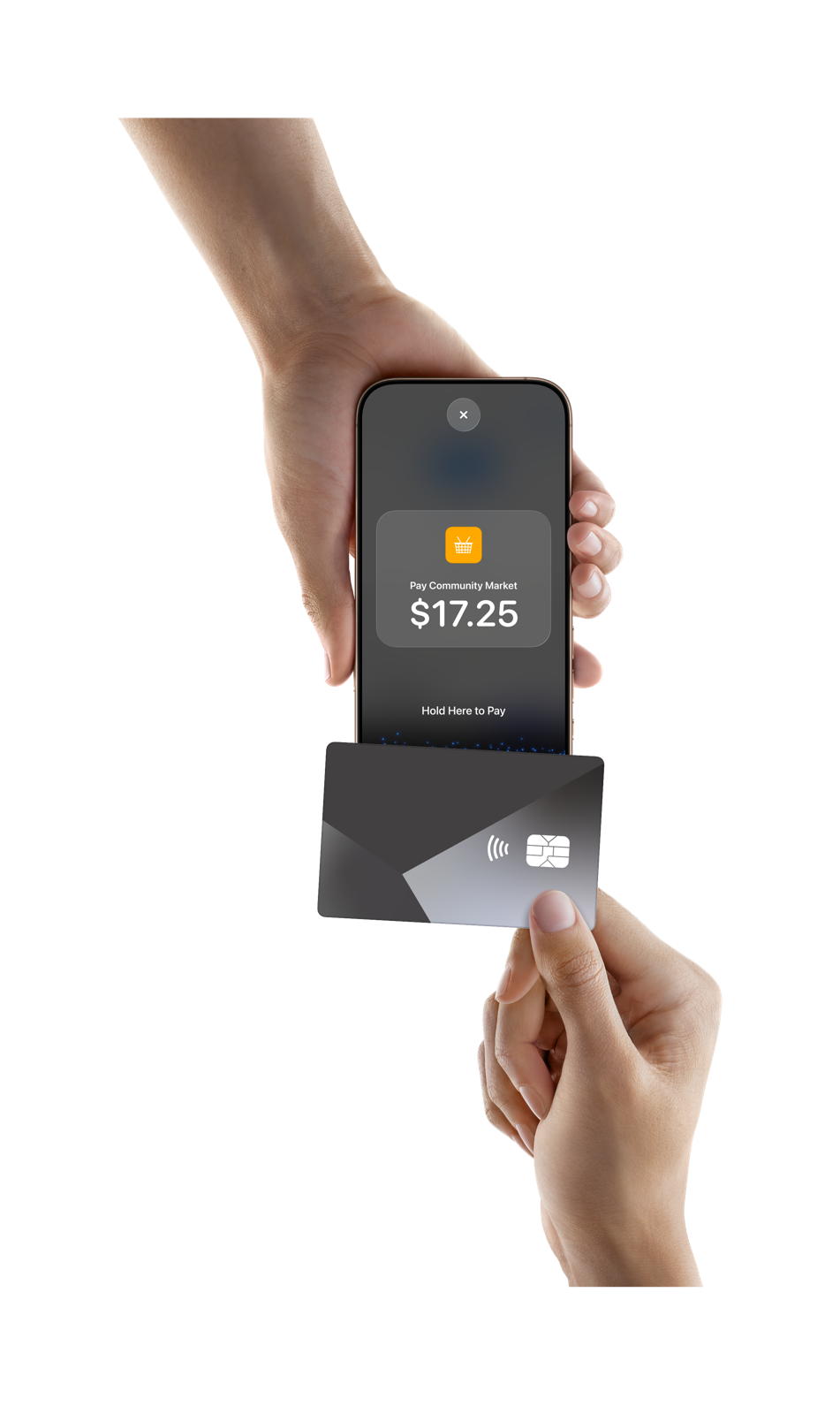 A customer holds a contactless card near an iPhone to pay.